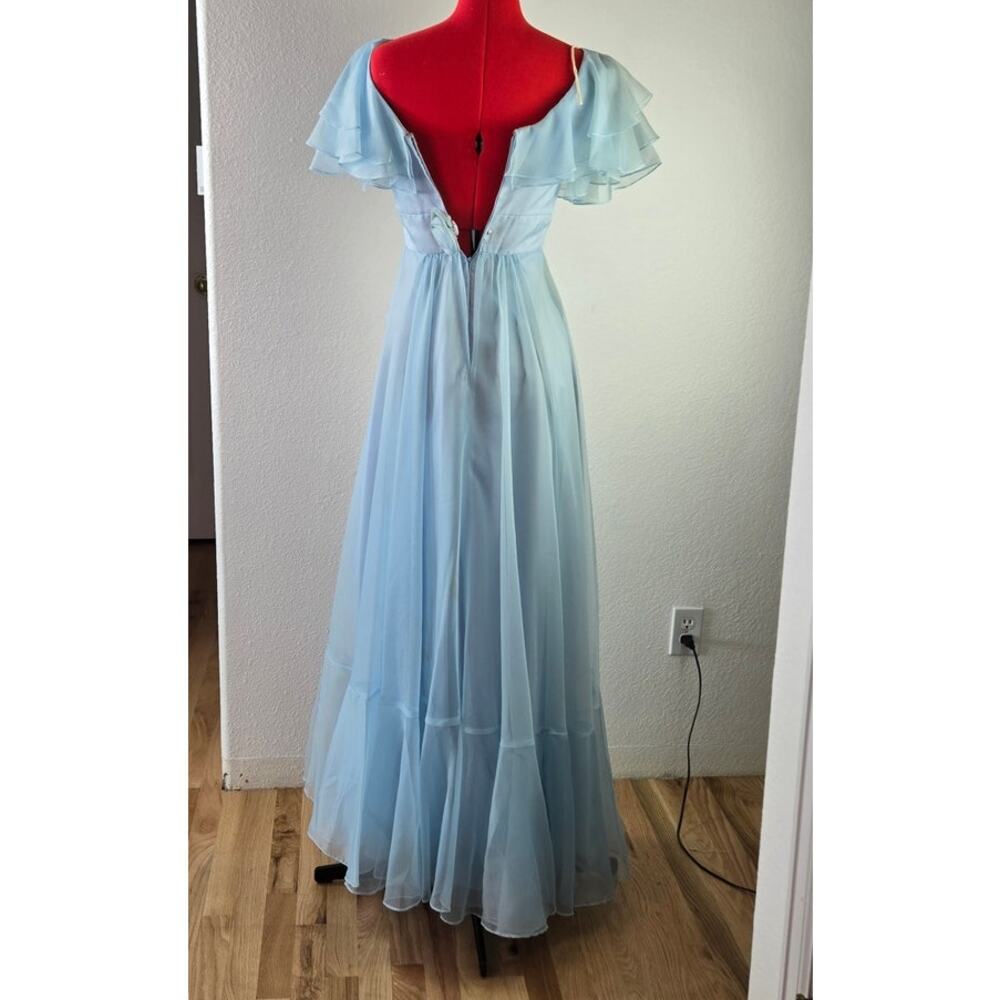 Vintage Blue Chiffon Maxi Dress Ruffle Prairie Formal Romantic Cottagecore AS IS - Picture 2 of 9